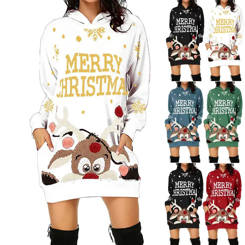 cozy hooded christmas dress with reindeer pattern perfect for holidays