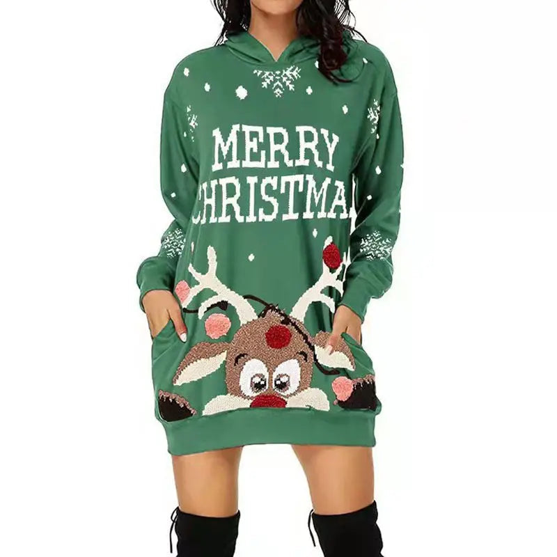 cozy hooded christmas dress with reindeer pattern perfect for holidays