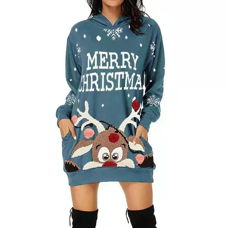 cozy hooded christmas dress with reindeer pattern perfect for holidays