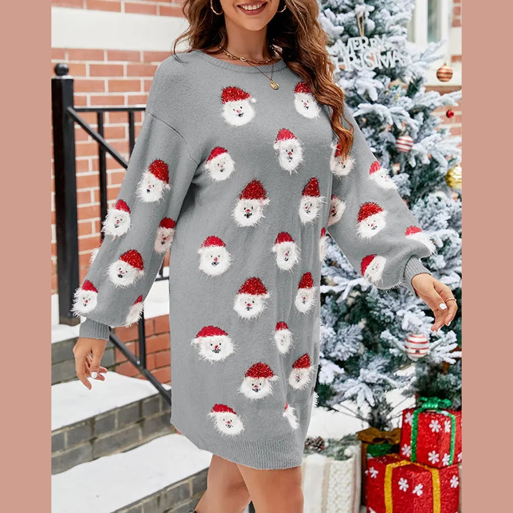 cozy women's sweater dress with santa motif for festive celebrations