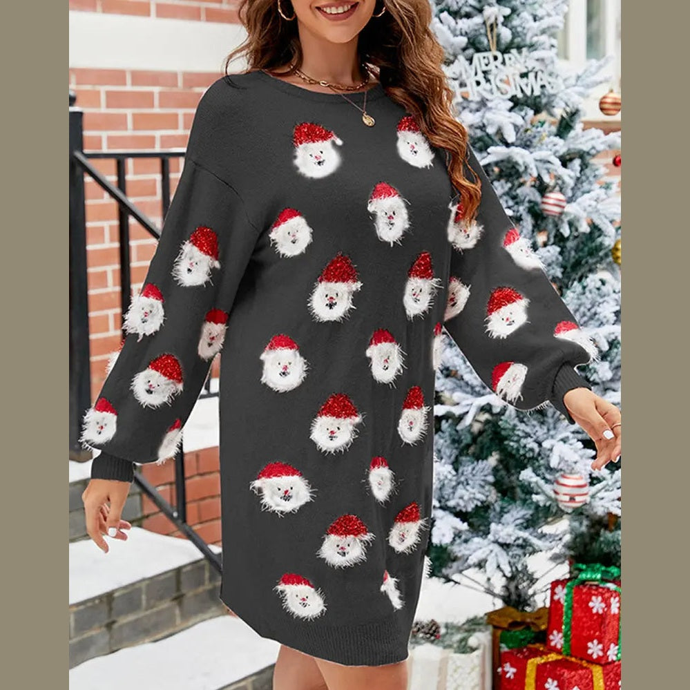 cozy women's sweater dress with santa motif for festive celebrations