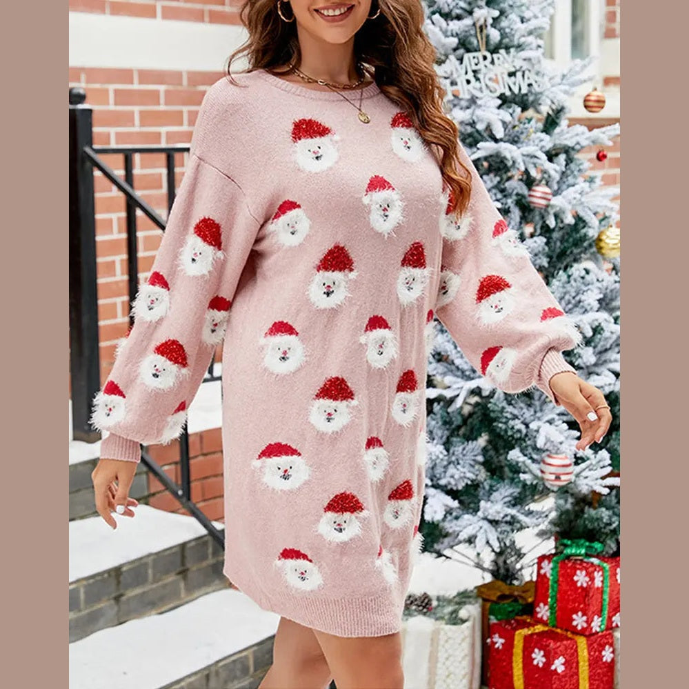 cozy women's sweater dress with santa motif for festive celebrations