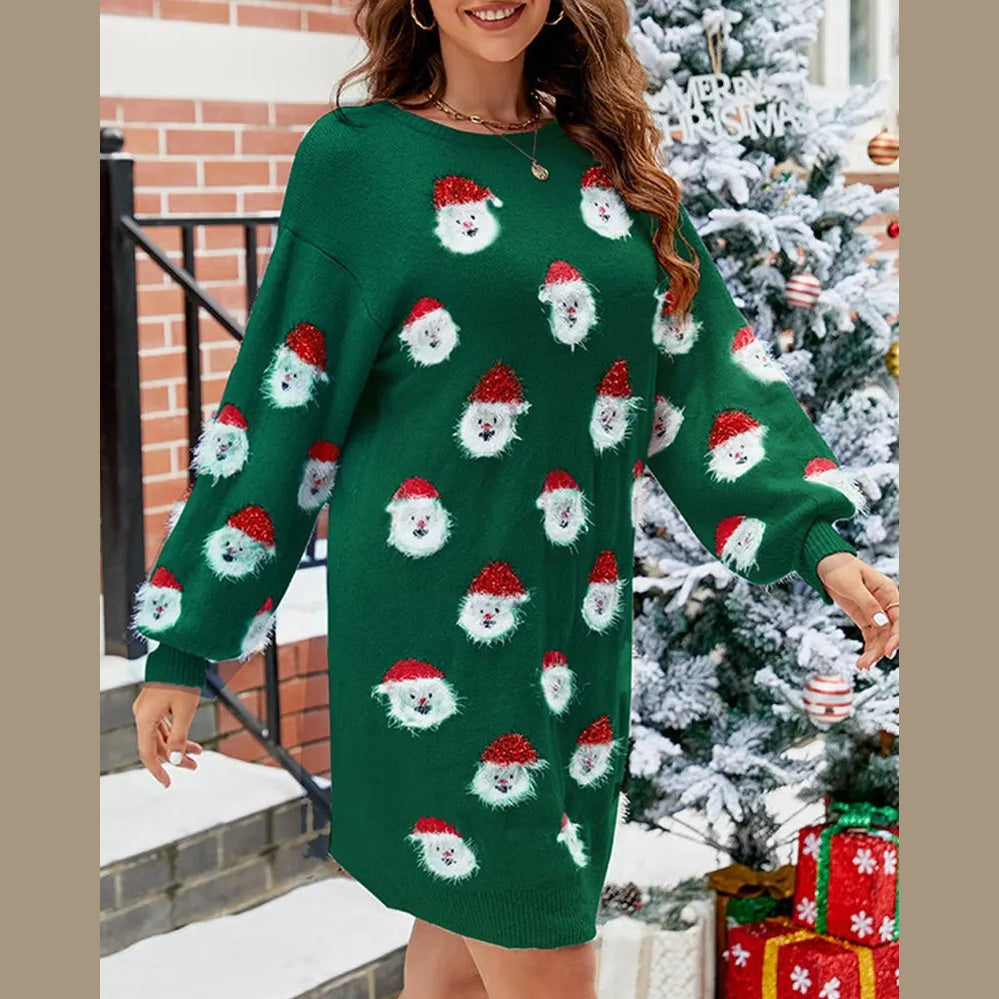 cozy women's sweater dress with santa motif for festive celebrations