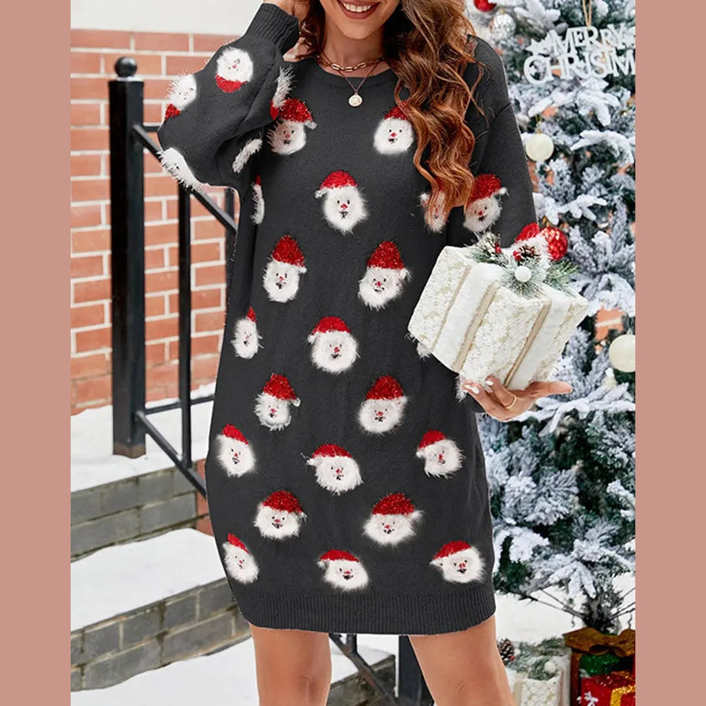 cozy women's sweater dress with santa motif for festive celebrations