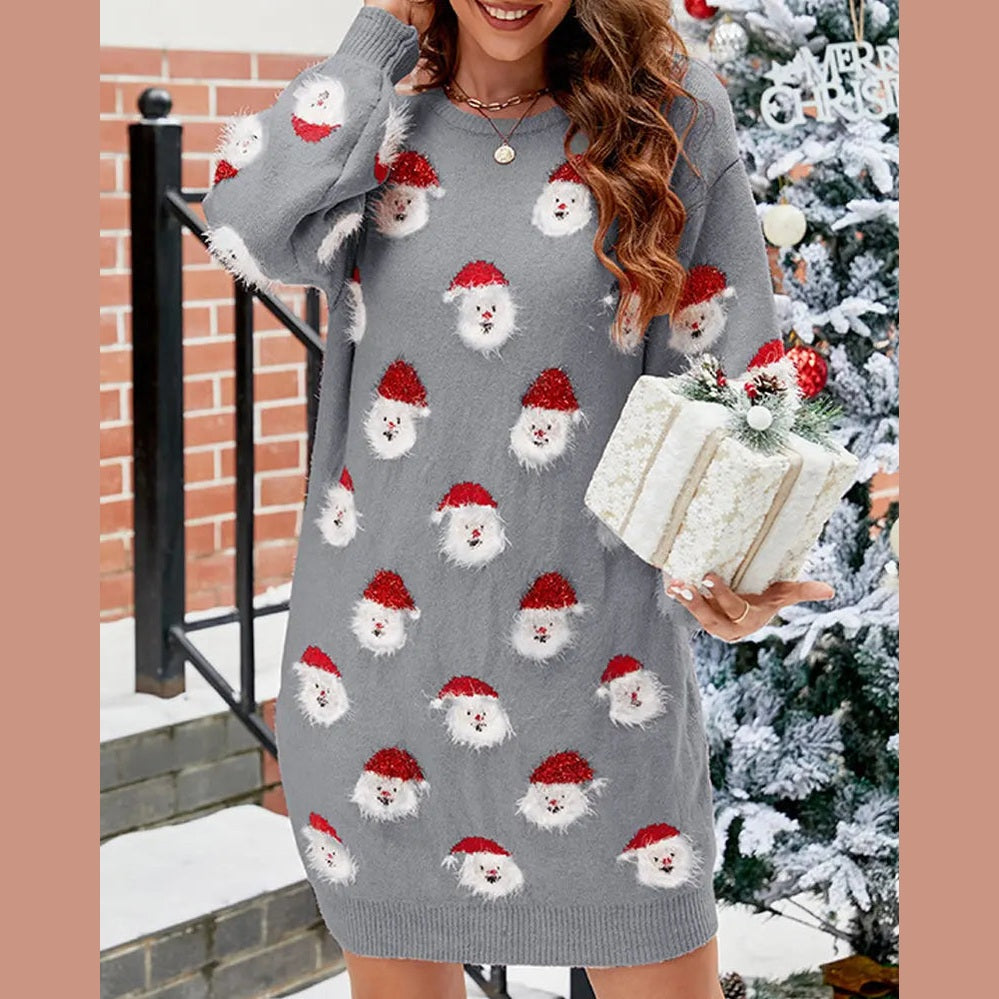 cozy women's sweater dress with santa motif for festive celebrations