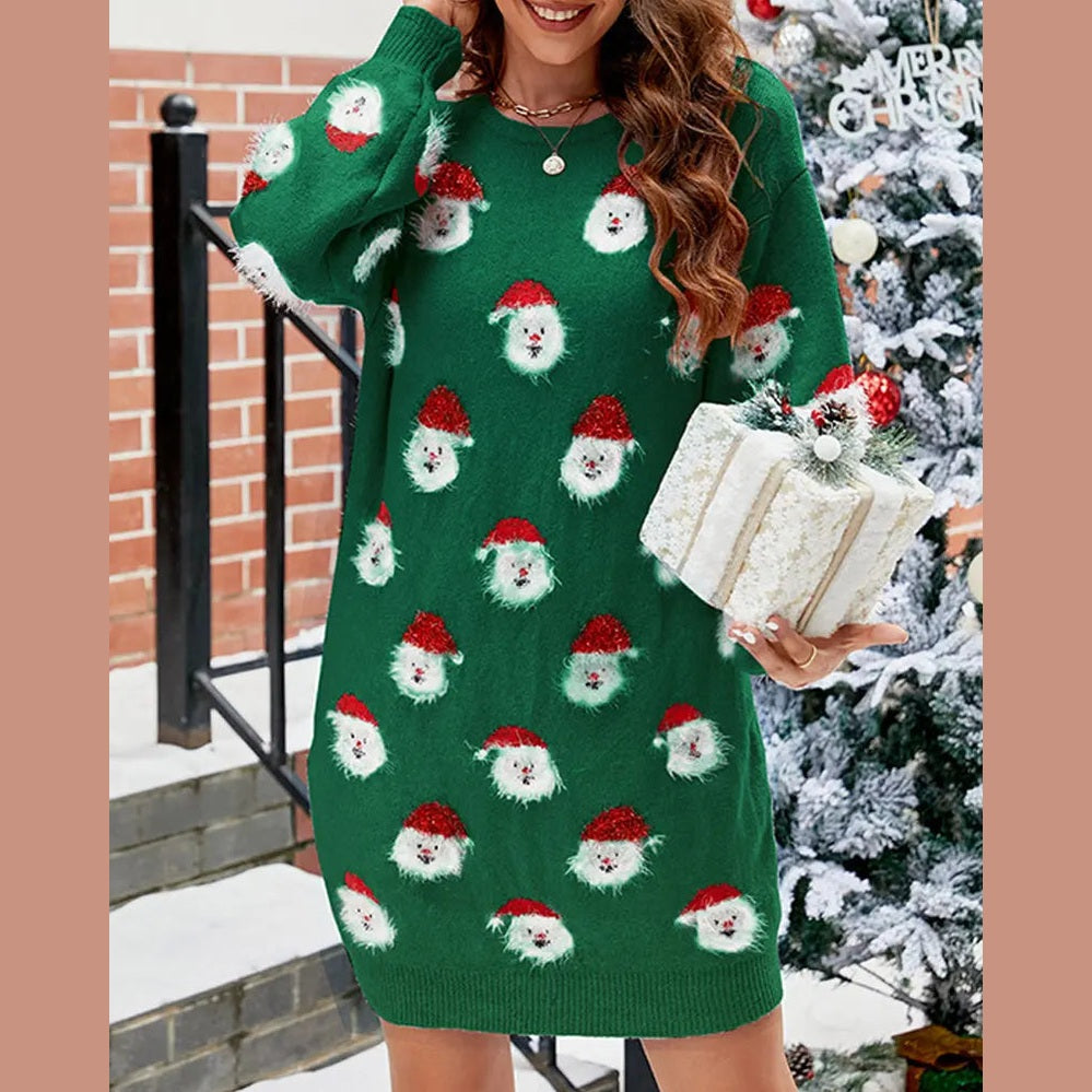 cozy women's sweater dress with santa motif for festive celebrations