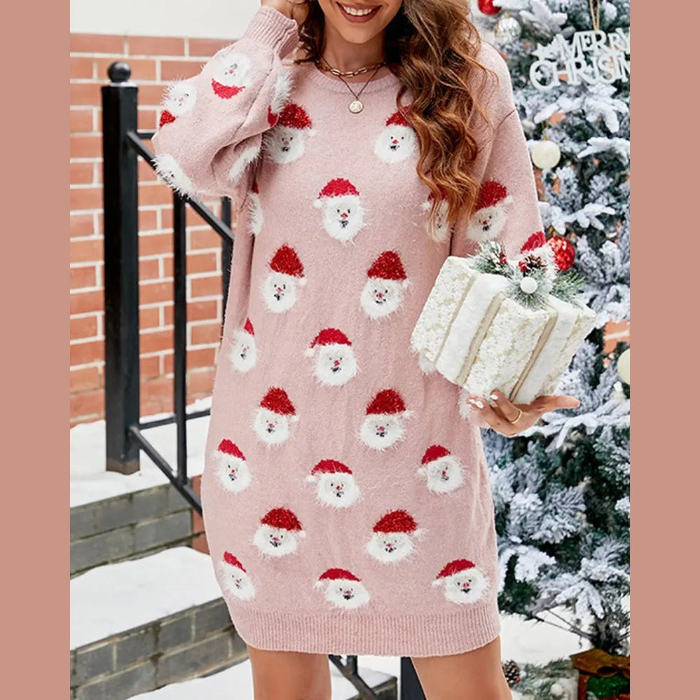 cozy women's sweater dress with santa motif for festive celebrations