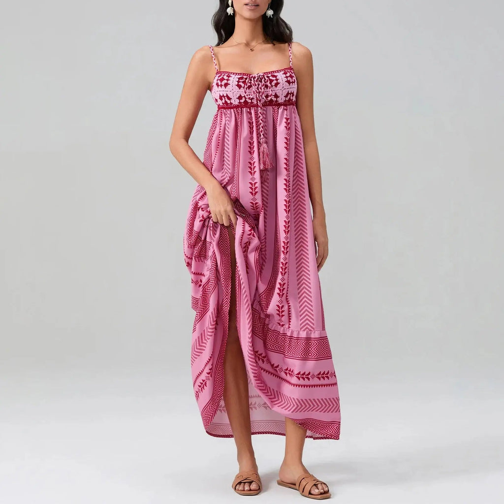 solara cascading maxi sundress with crocheted bodice for summer outings