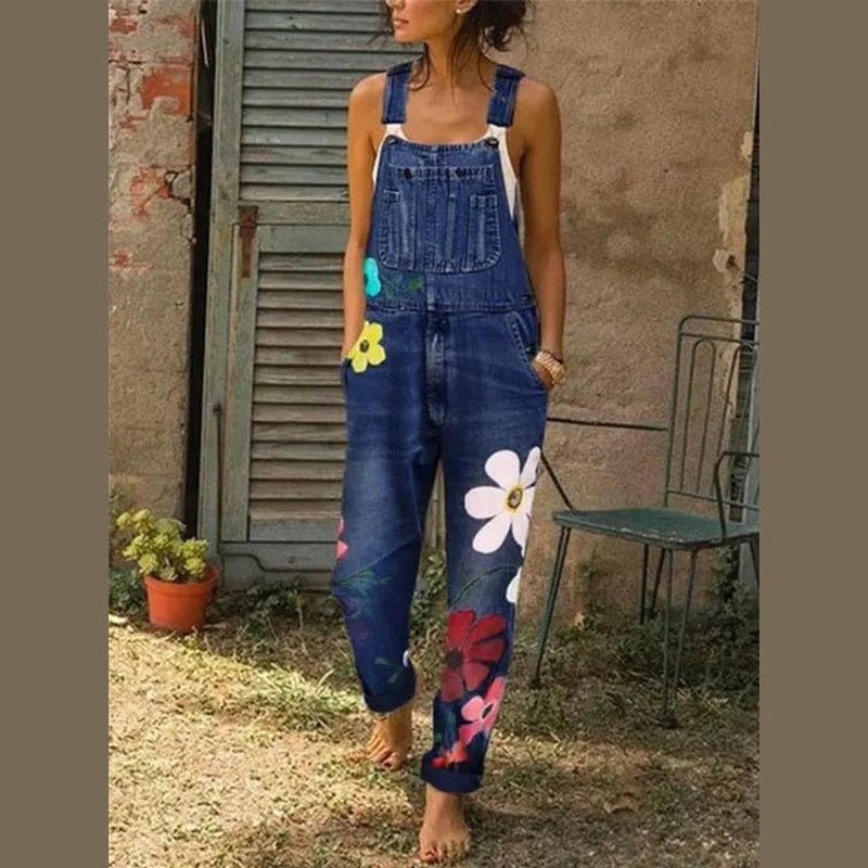 astra chic denim dungarees for women with floral accents for casual outings