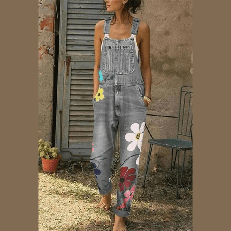 astra chic denim dungarees for women with floral accents for casual outings