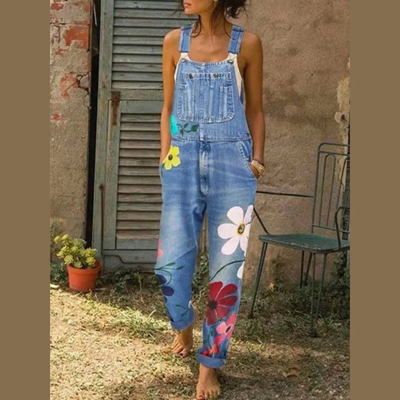 astra chic denim dungarees for women with floral accents for casual outings