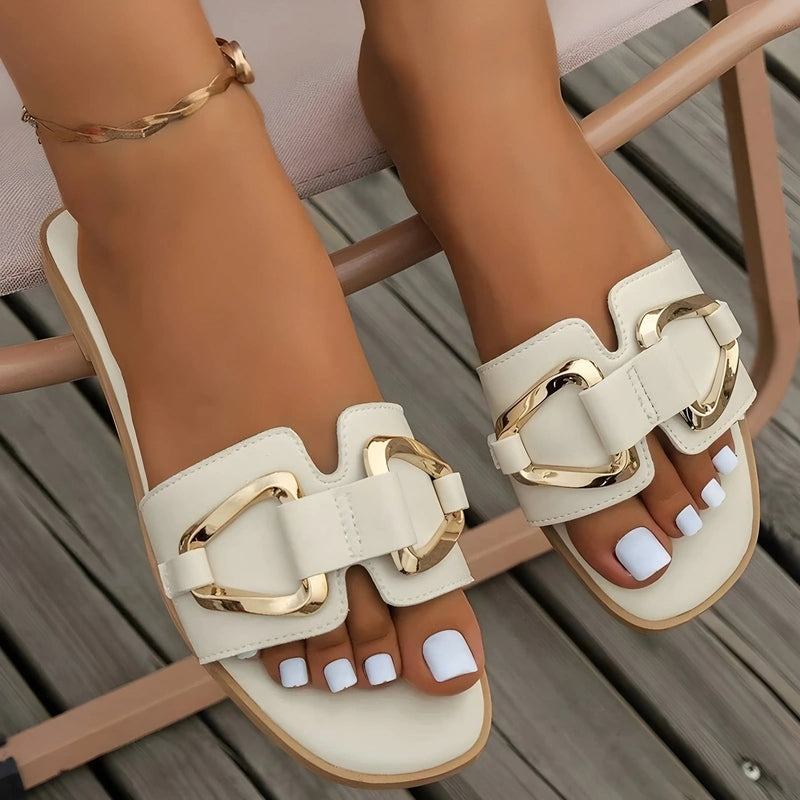 nova chic vegan leather flats with gold buckle for casual and office wear