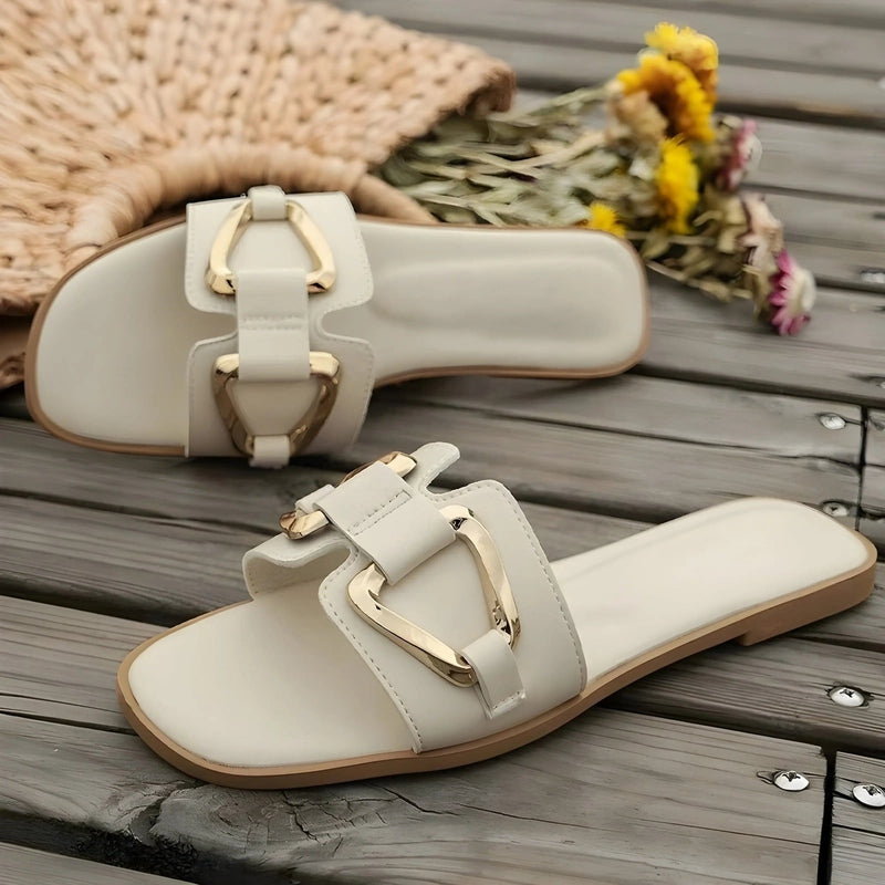 nova chic vegan leather flats with gold buckle for casual and office wear