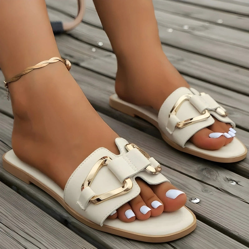 nova chic vegan leather flats with gold buckle for casual and office wear