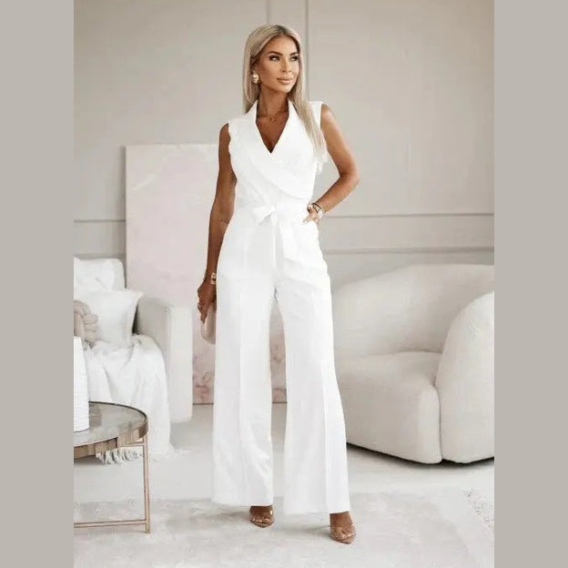astra noir jumpsuit with v-neck and belt for festive occasions