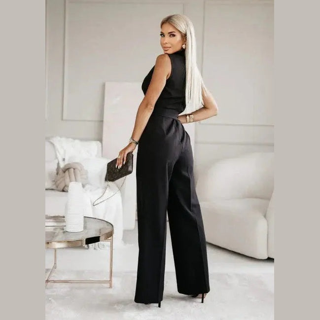 astra noir jumpsuit with v-neck and belt for festive occasions