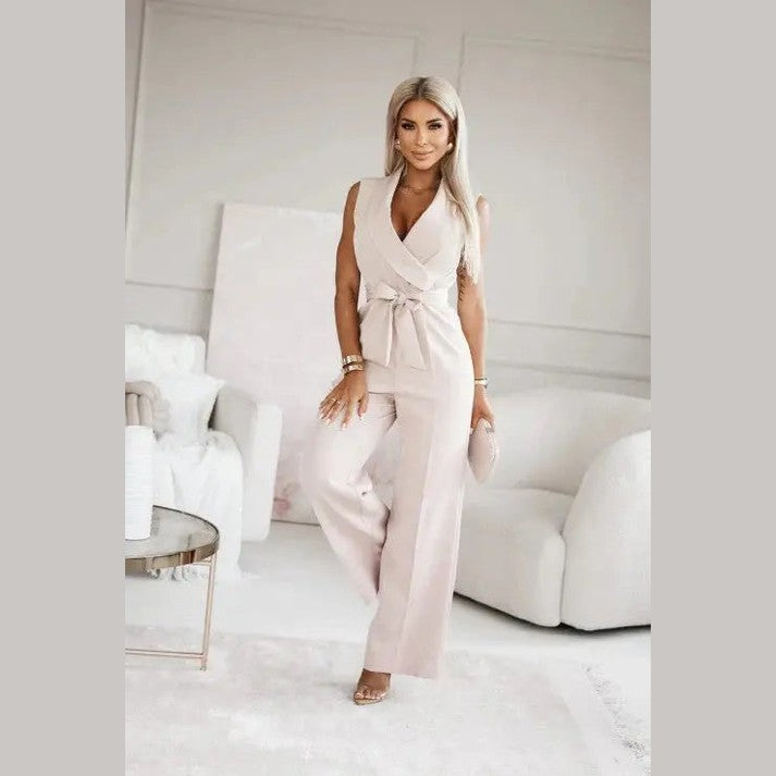 astra noir jumpsuit with v-neck and belt for festive occasions