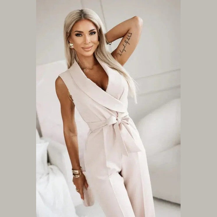 astra noir jumpsuit with v-neck and belt for festive occasions
