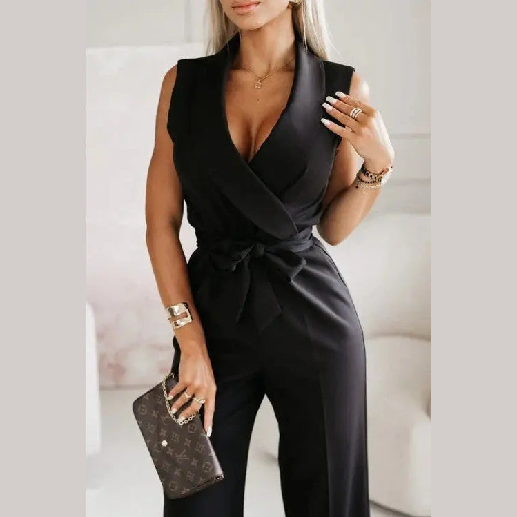 astra noir jumpsuit with v-neck and belt for festive occasions