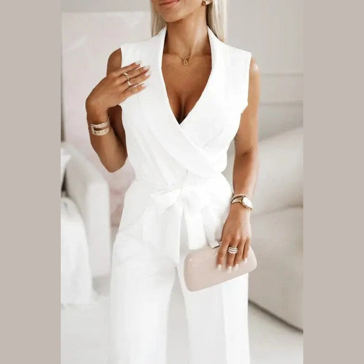 astra noir jumpsuit with v-neck and belt for festive occasions