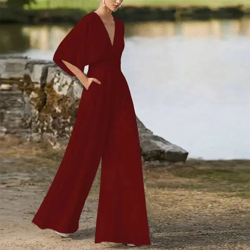 astra elegant jumpsuit for women with v neck and wide legs for summer style
