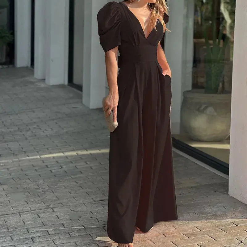 aurelia black jumpsuit with puff sleeves for formal events and casual outings