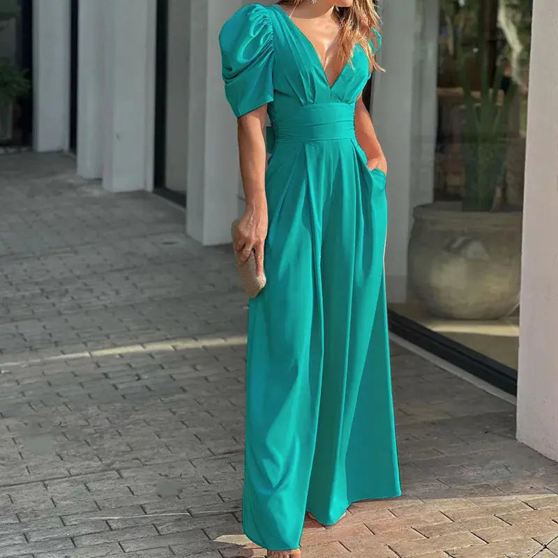 aurelia black jumpsuit with puff sleeves for formal events and casual outings