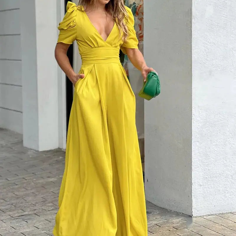 aurelia black jumpsuit with puff sleeves for formal events and casual outings
