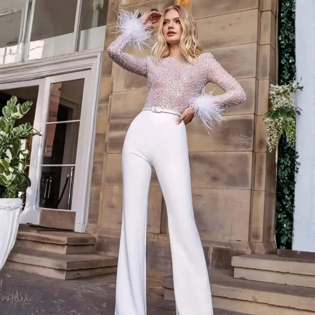 aurora glittering jumpsuit with feather details for glamorous events