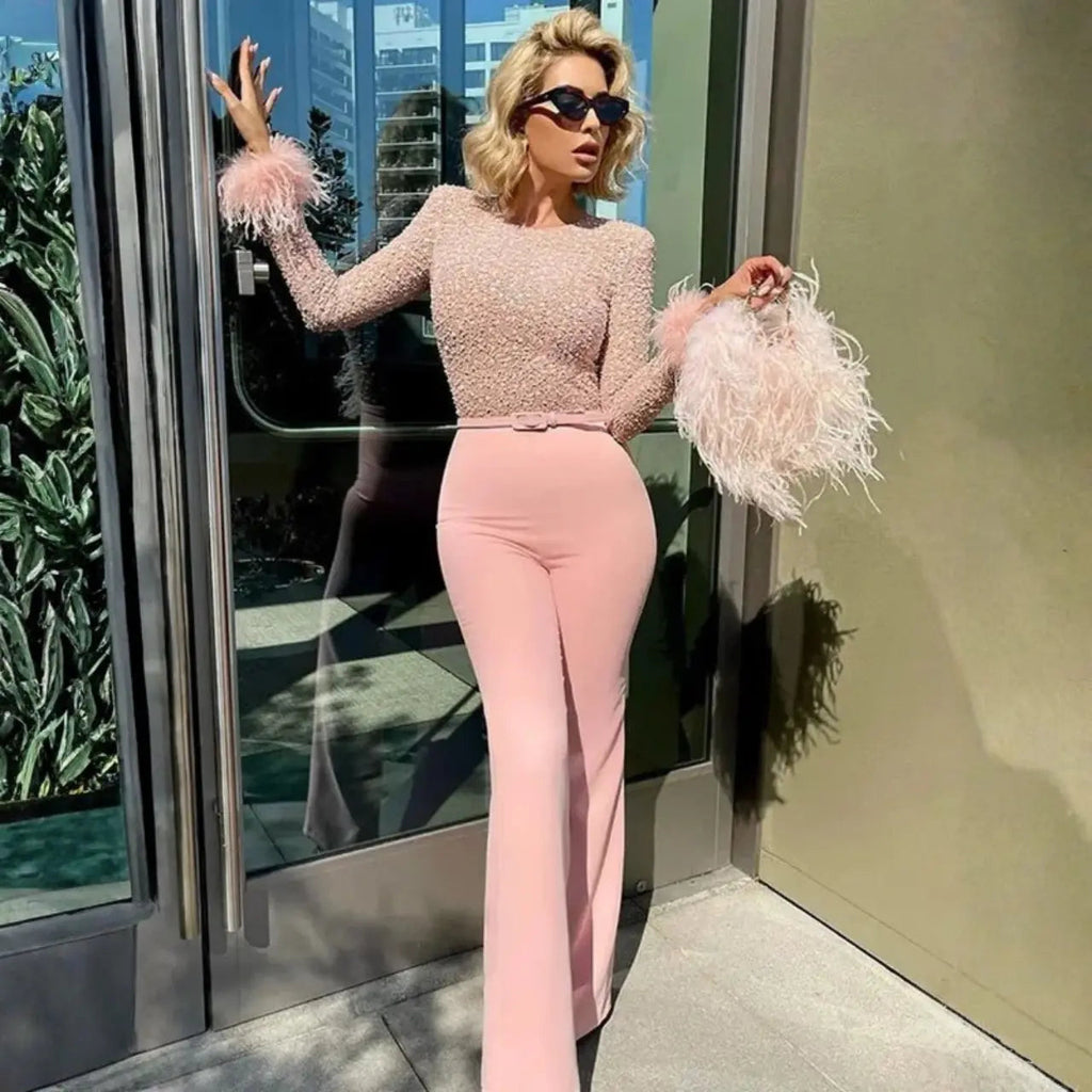 aurora glittering jumpsuit with feather details for glamorous events