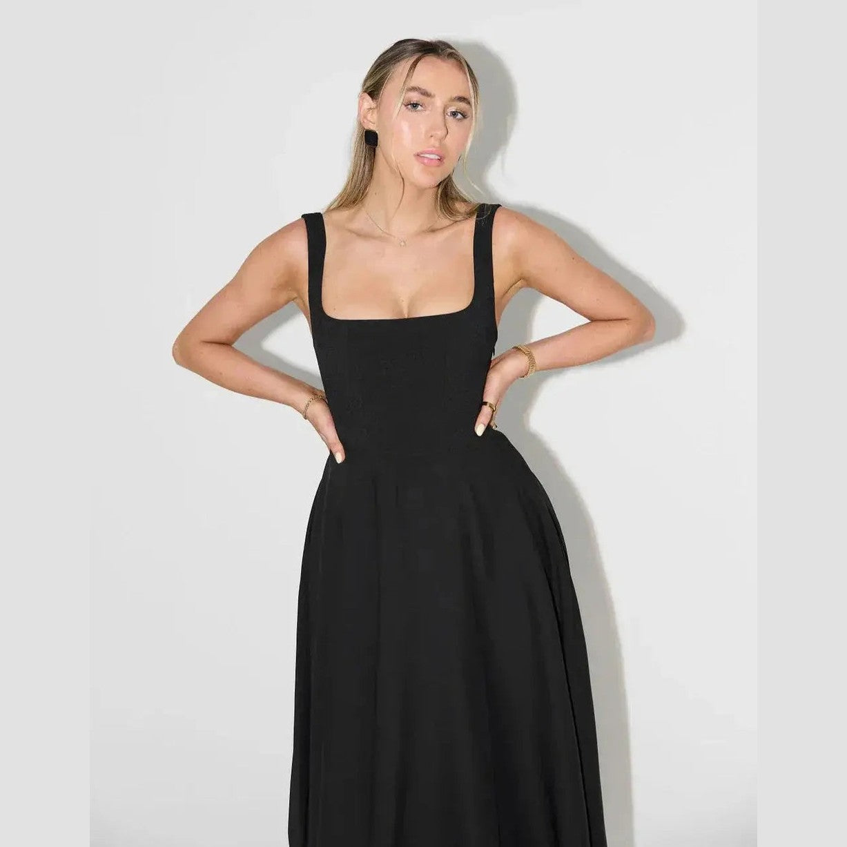 aura white midi dress with high waist and square neckline for casual or evening