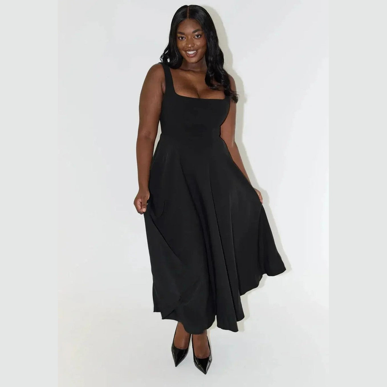 aura white midi dress with high waist and square neckline for casual or evening