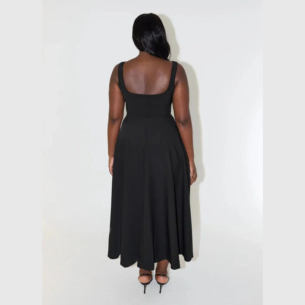 aura white midi dress with high waist and square neckline for casual or evening