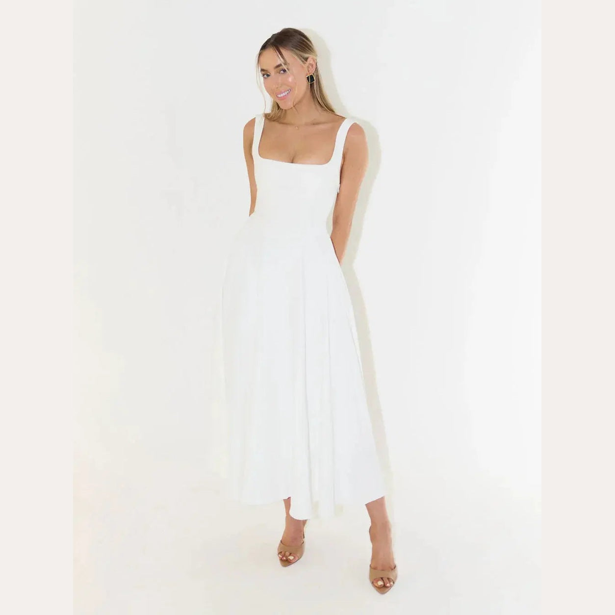 aura white midi dress with high waist and square neckline for casual or evening