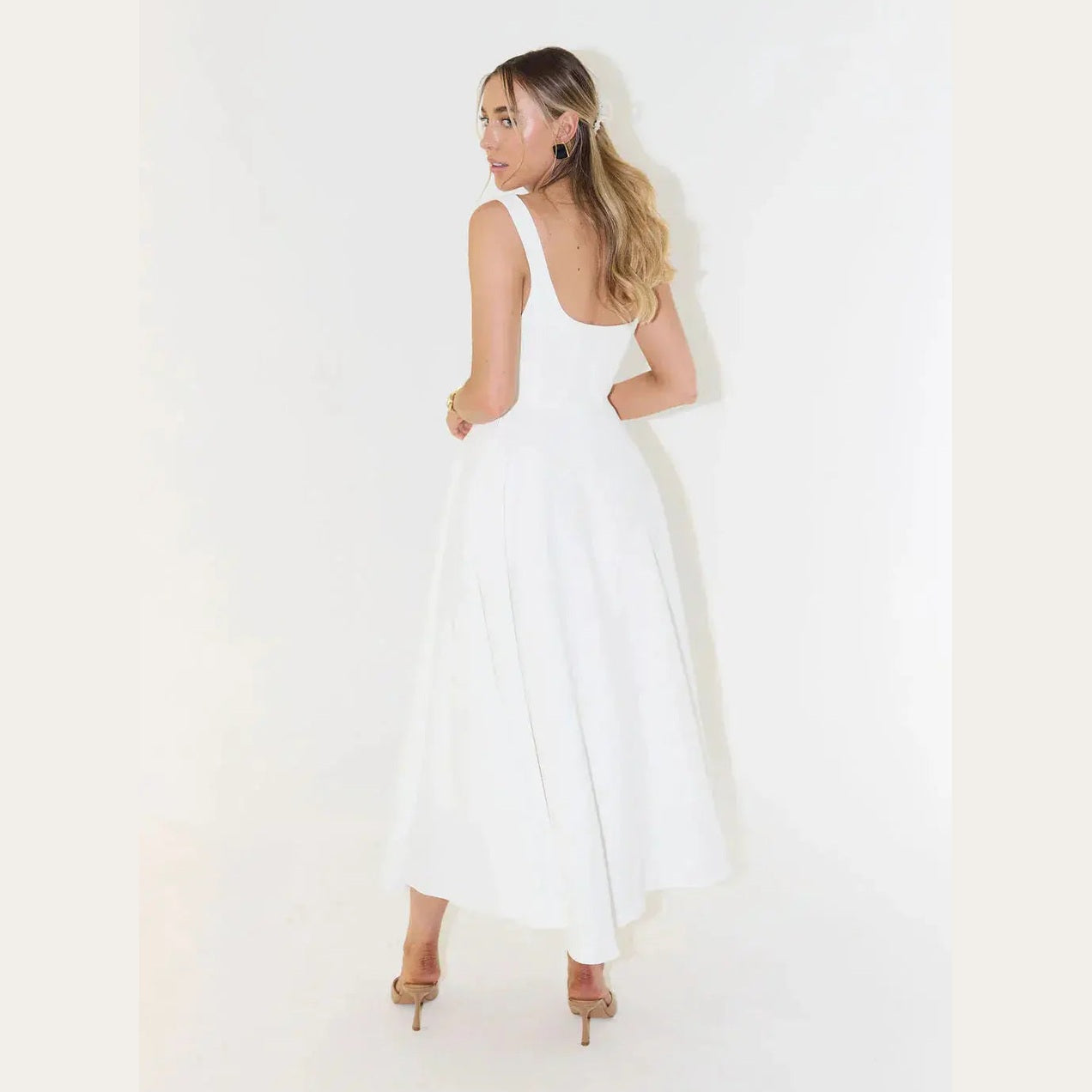 aura white midi dress with high waist and square neckline for casual or evening