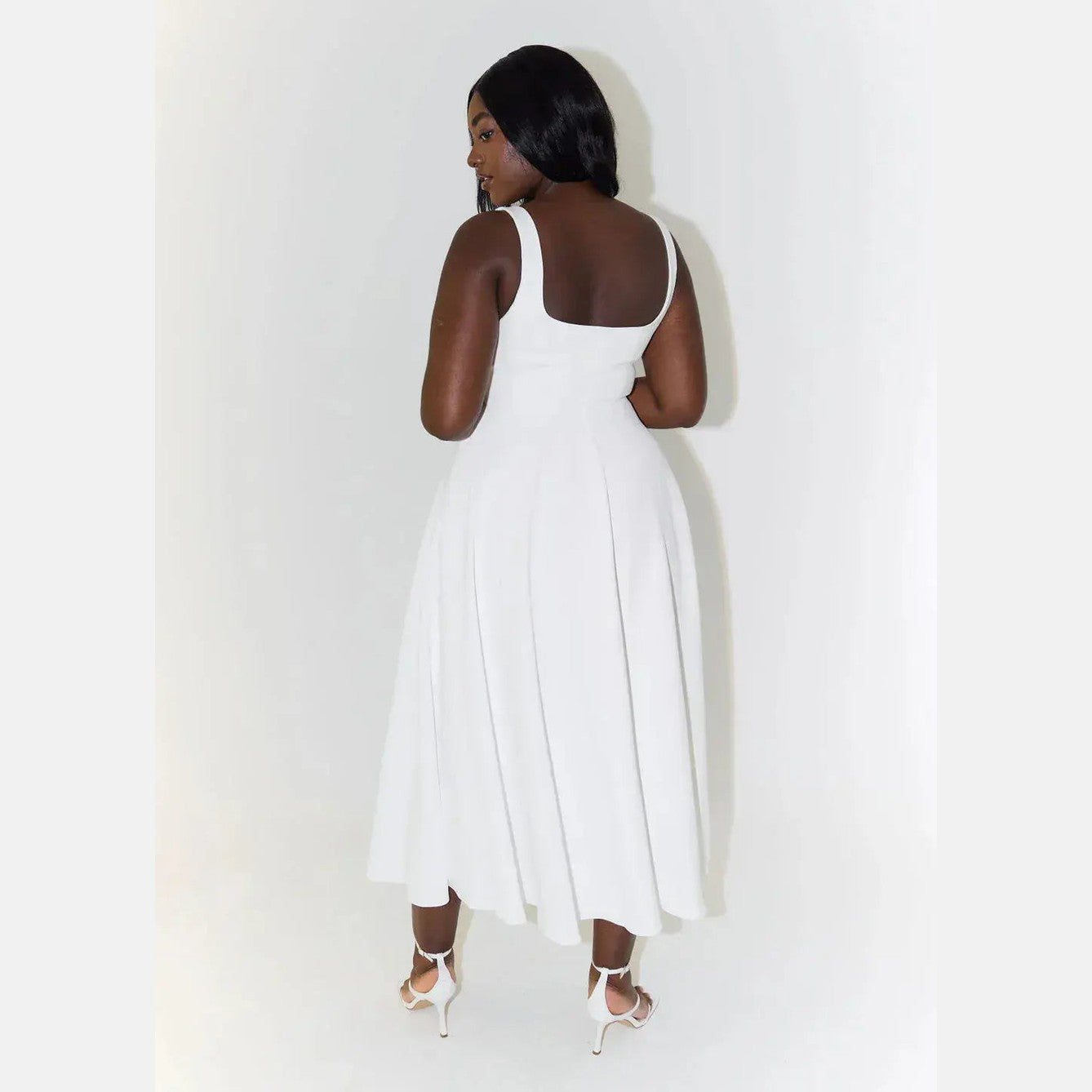 aura white midi dress with high waist and square neckline for casual or evening
