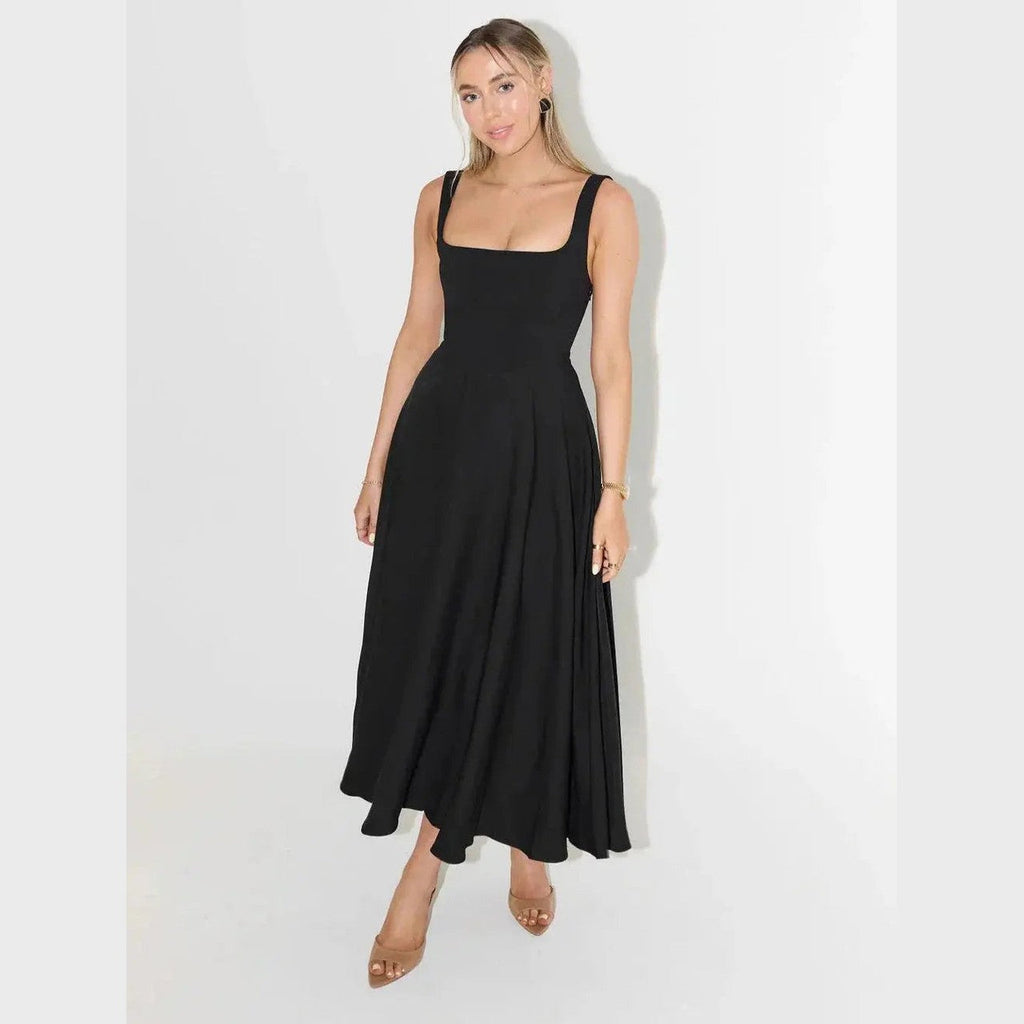 aura white midi dress with high waist and square neckline for casual or evening