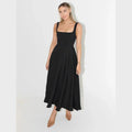 aura white midi dress with high waist and square neckline for casual or evening