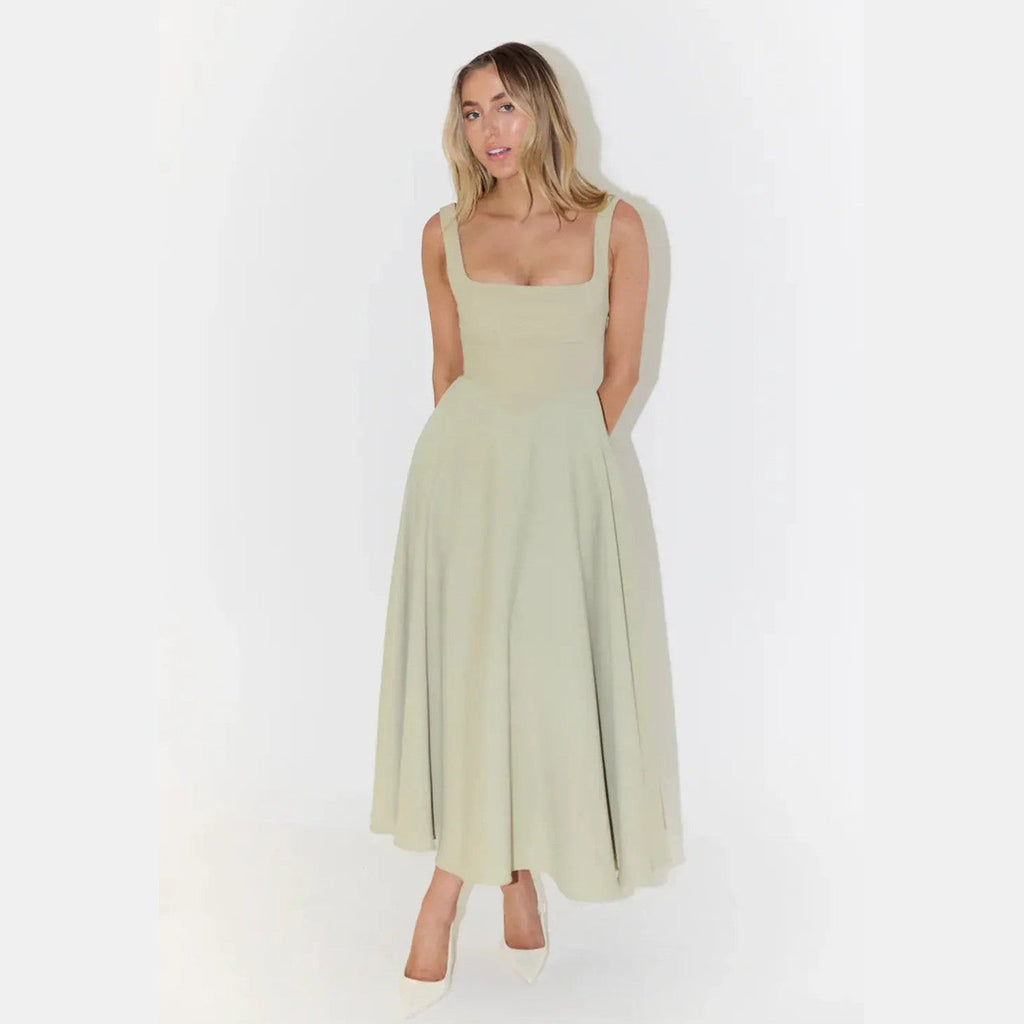 aura white midi dress with high waist and square neckline for casual or evening