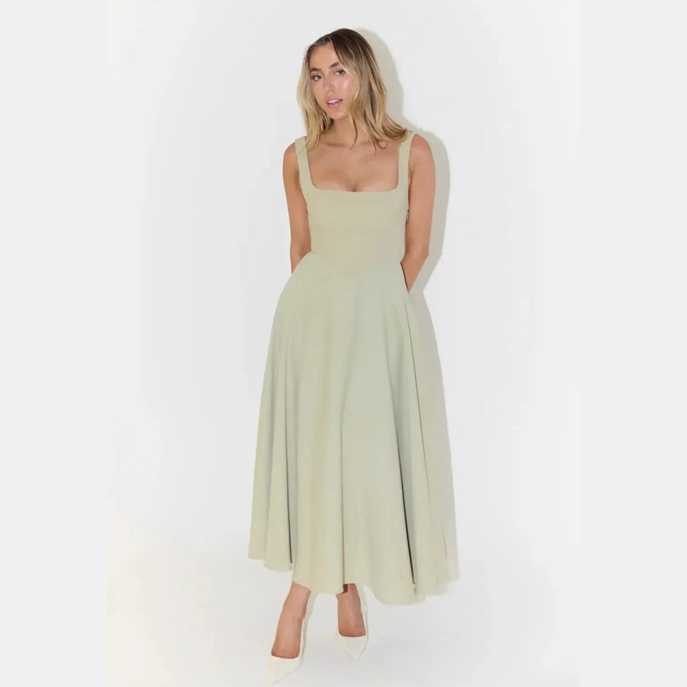 aura white midi dress with high waist and square neckline for casual or evening