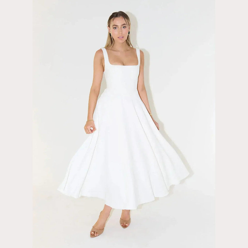aura white midi dress with high waist and square neckline for casual or evening