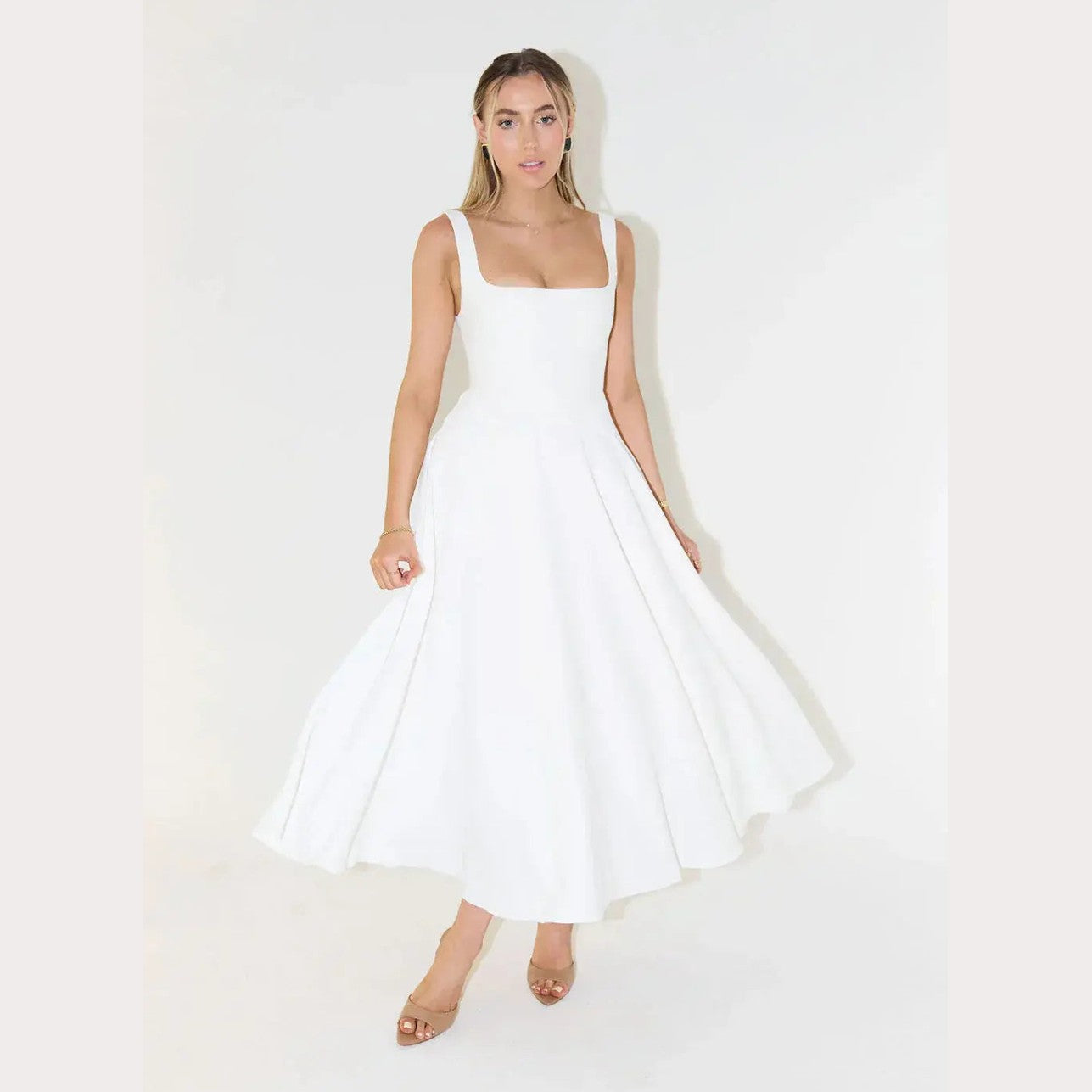 aura white midi dress with high waist and square neckline for casual or evening