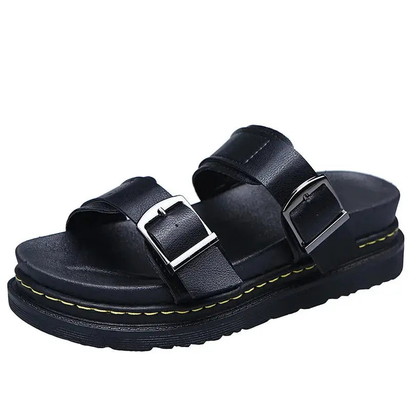 aurelia women's pu leather mid heel sandals with metal buckle for summer beach