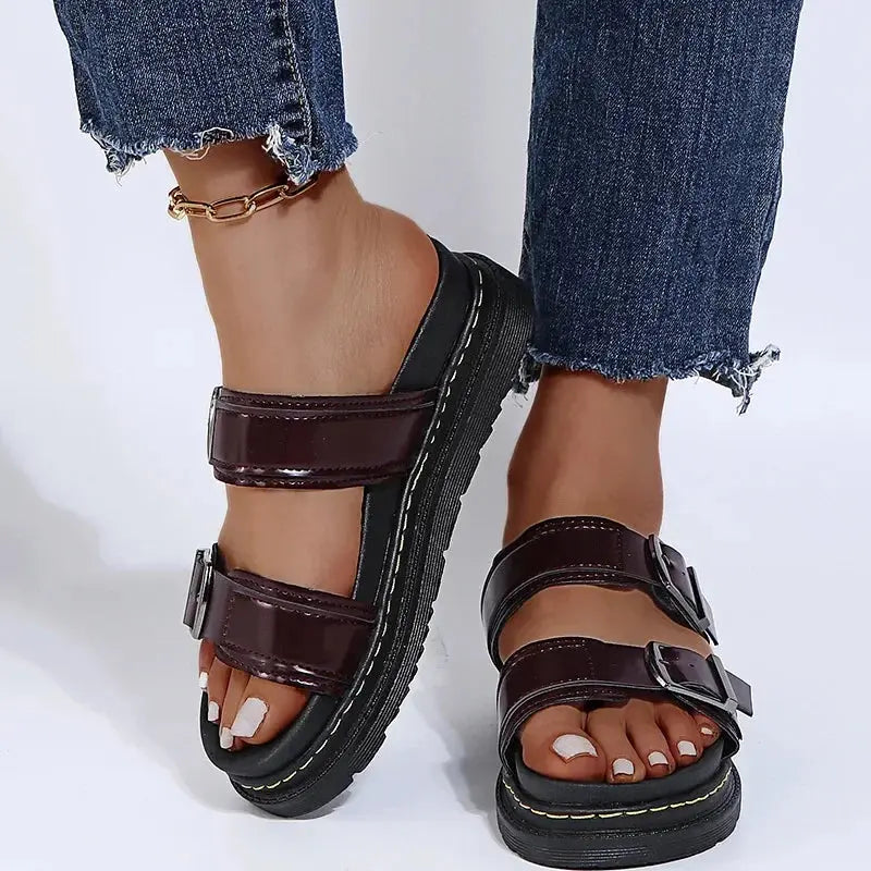 aurelia women's pu leather mid heel sandals with metal buckle for summer beach