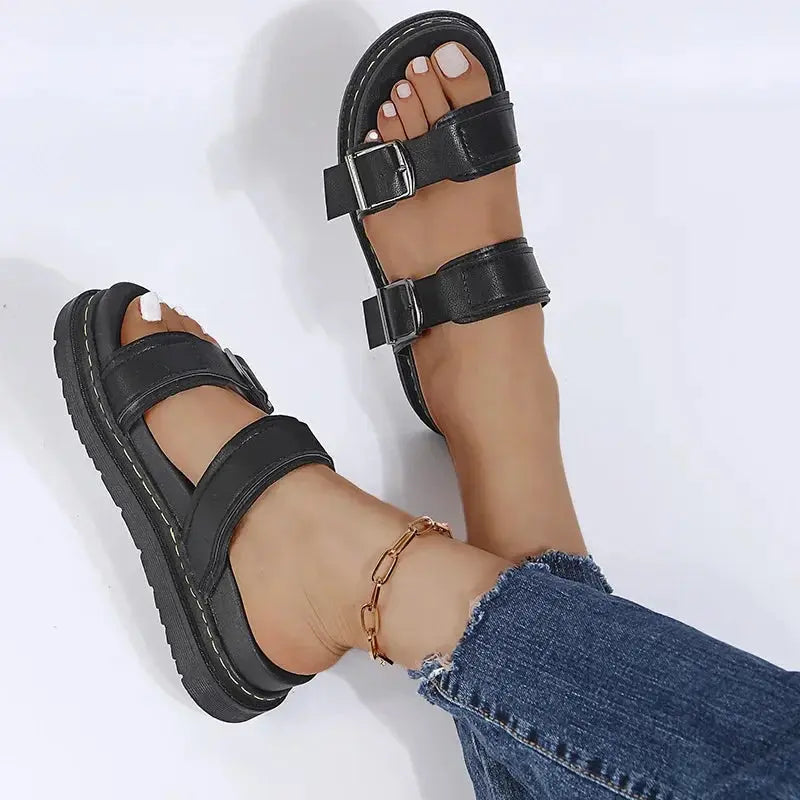 aurelia women's pu leather mid heel sandals with metal buckle for summer beach