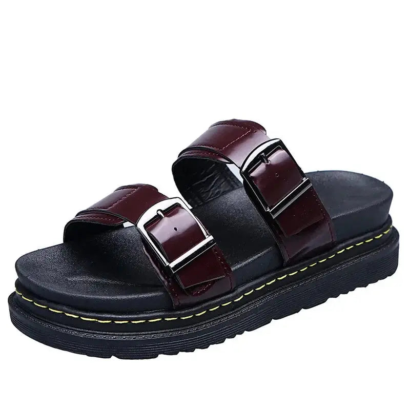 aurelia women's pu leather mid heel sandals with metal buckle for summer beach