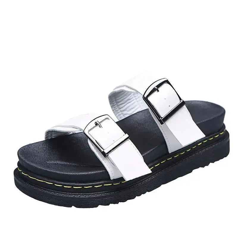 aurelia women's pu leather mid heel sandals with metal buckle for summer beach
