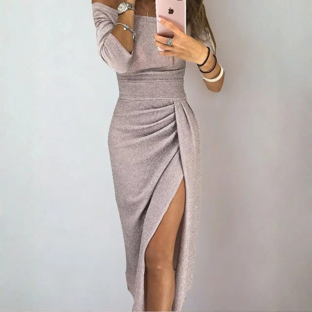 aurelia elegant off-shoulder long dress for wedding guests in black