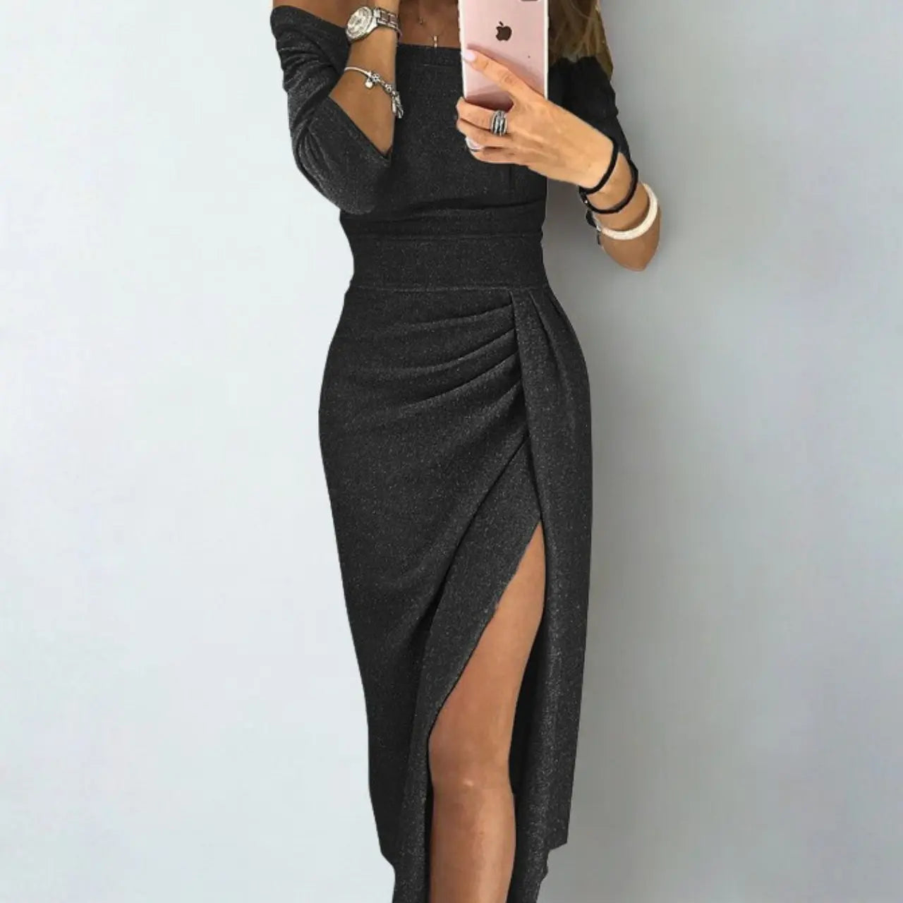 aurelia elegant off-shoulder long dress for wedding guests in black