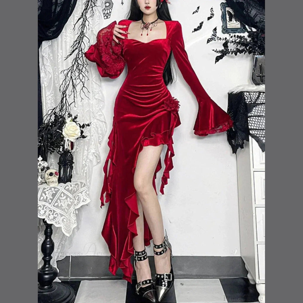 velvet lace midi dress with bell sleeves for holiday celebrations and parties